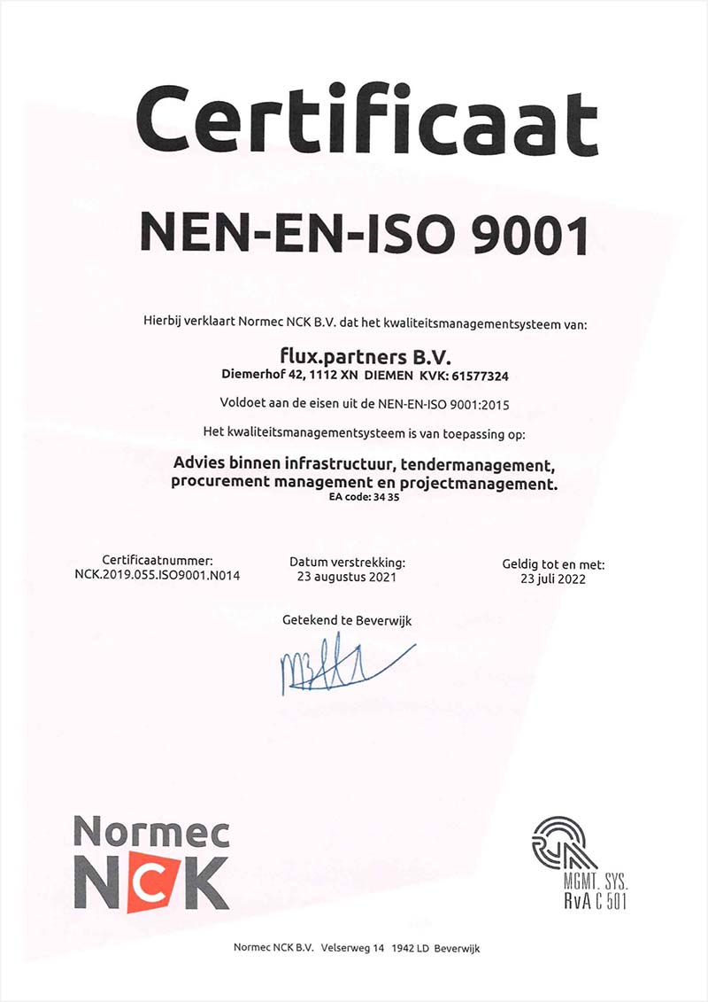 ISO 9001 certificaat Flux Partners Diemen